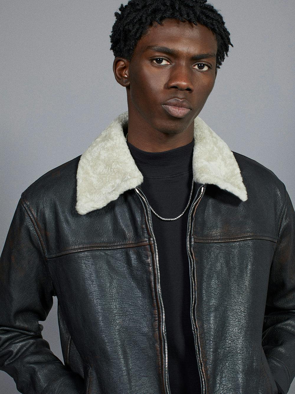 Shearling Collar Leather Jacket in Black – FRAME