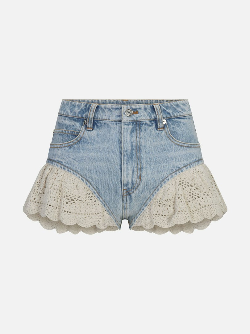 FRAME Women's The Crochet Ruffle Shorts Jeans Outlaw Denim Size 24