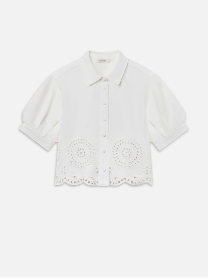 FRAME Women's The Eyelet Billow Sleeve Shirt White Cotton Size Medium