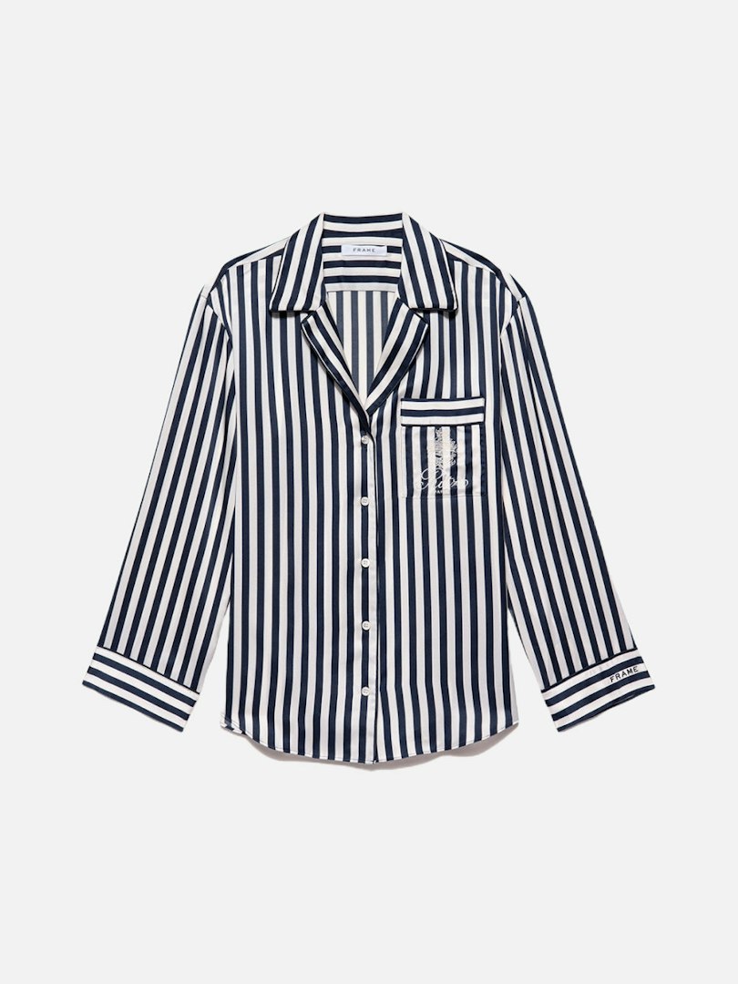 FRAME Ritz Women's Pj Set Shirt Navy Multi 100% Silk Size Medium
