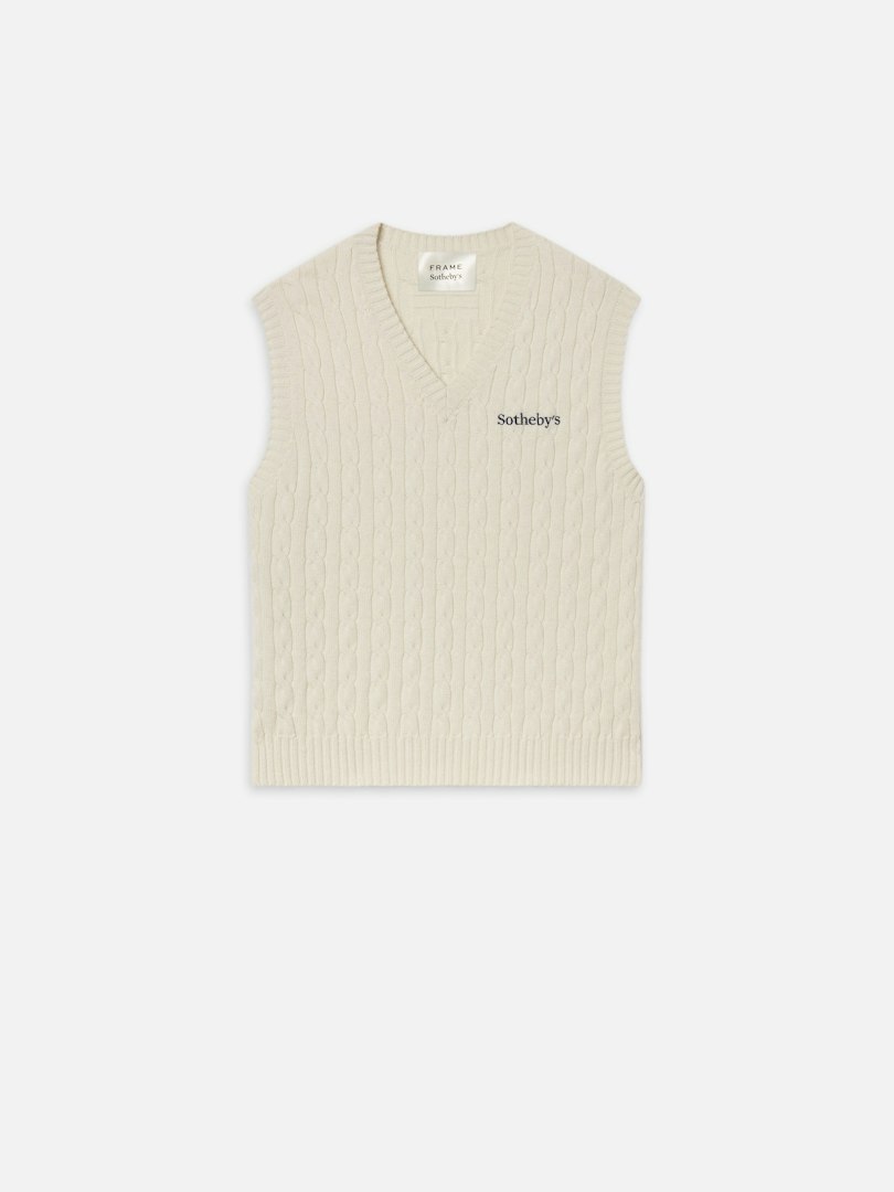 FRAME Sotheby's Unisex Cable Sweater Vest Cream Cashmere Size Medium