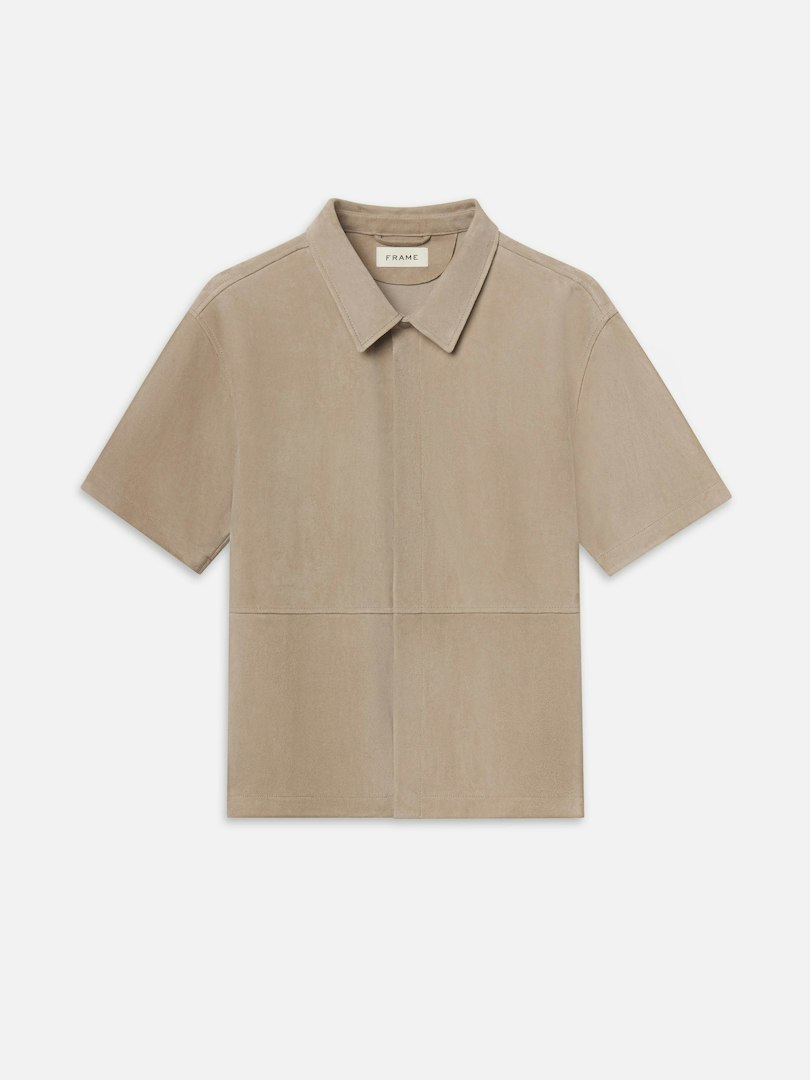 FRAME Men's Short Sleeve Suede Shirt Dusty Beige Leather Size Medium