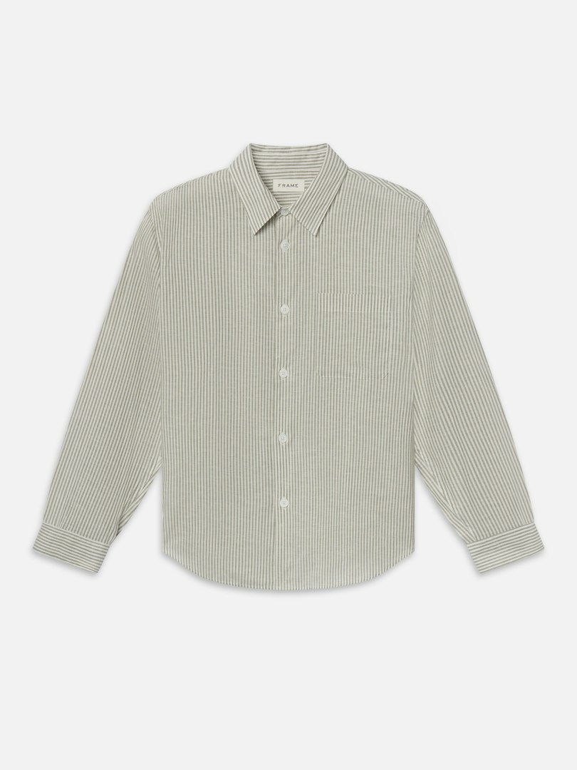 FRAME Men's Linen Blend Stripe Shirt Khaki Ecru Stripe Size Large
