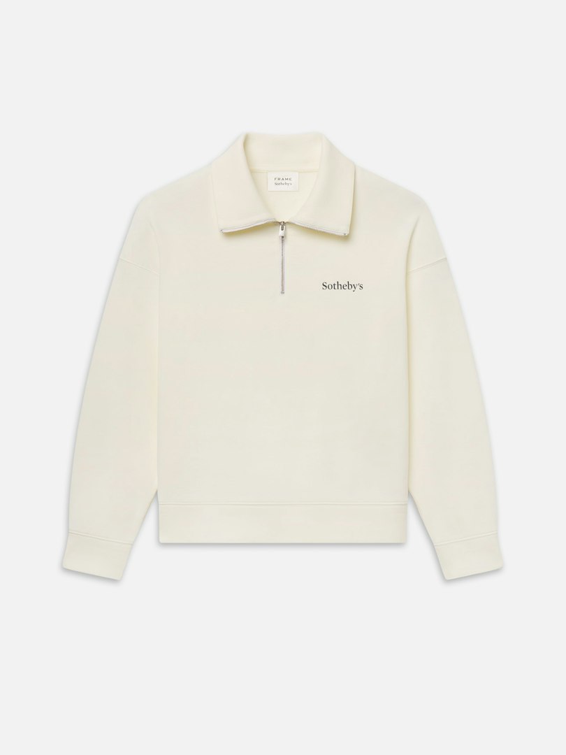 FRAME Men's Sotheby's Half Zip Sweatshirt Cream Washed Cotton Size XS