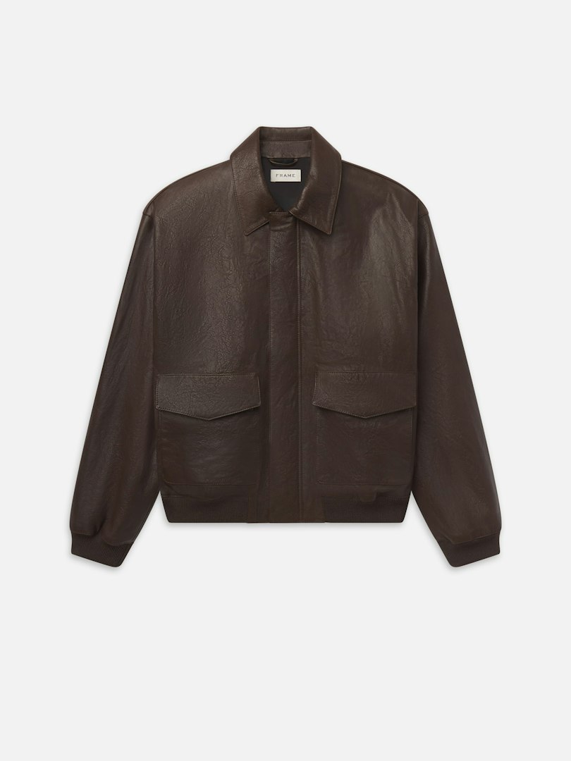 FRAME Men's Aviator Leather Jacket Deep Brown Size Medium