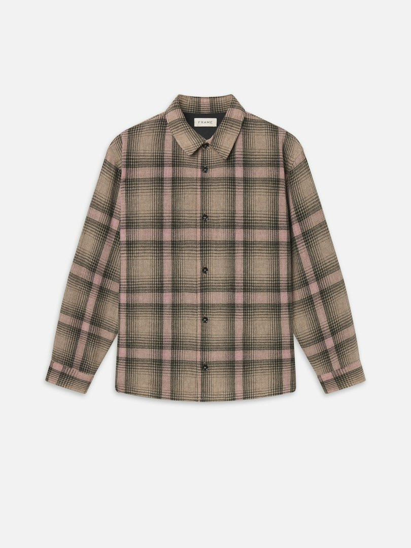 FRAME Men's Plaid Overshirt Warm Mauve Plaid Wool Size Large