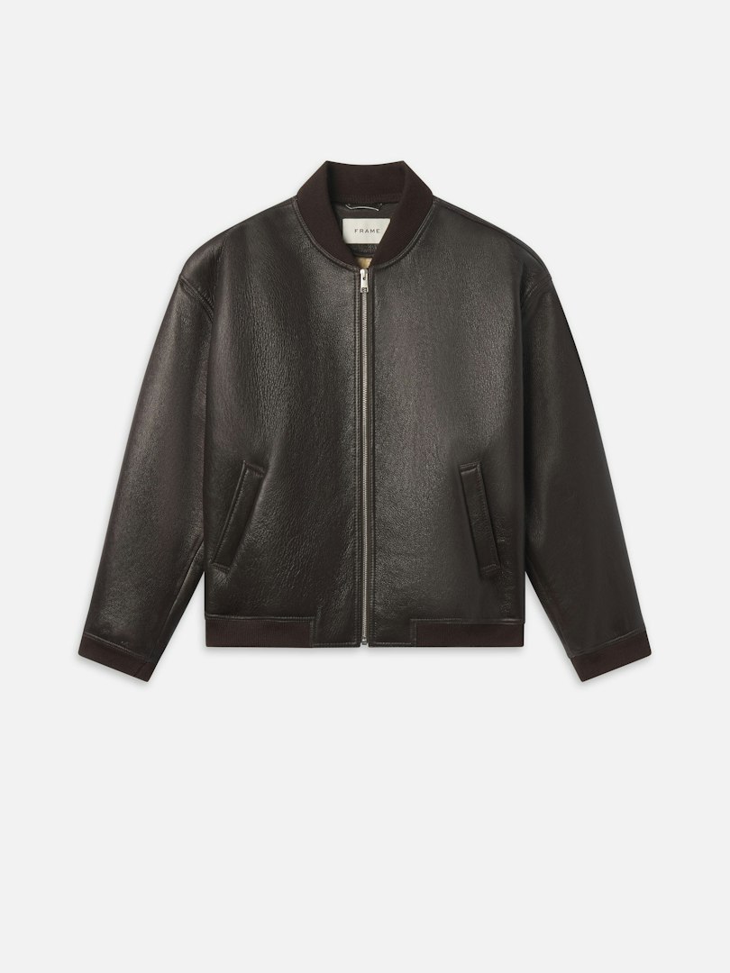 FRAME Men's Shearling Bomber Jacket Dark Brown Leather Size Medium
