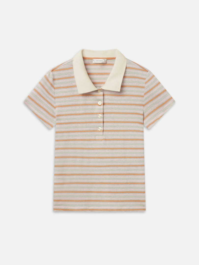 FRAME Women's The Stripe Polo Pink Sand Multi Size Medium