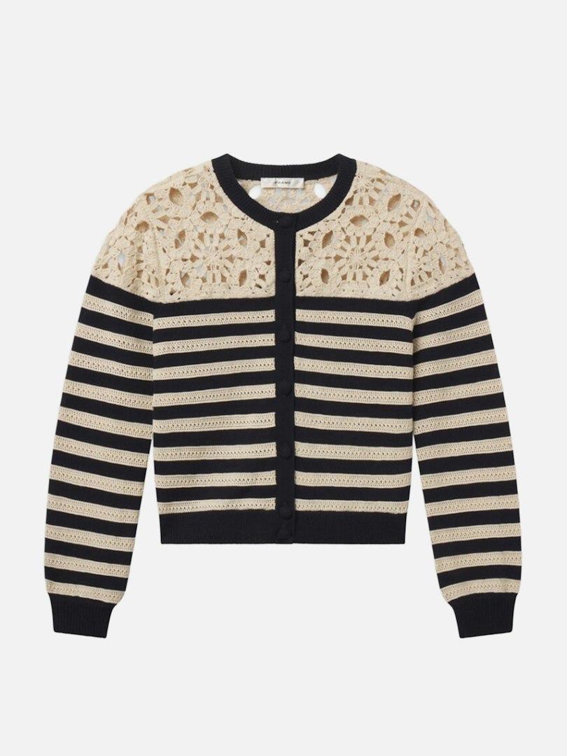 FRAME Women's The Crochet Captain Cardigan Cream Multi Size Large
