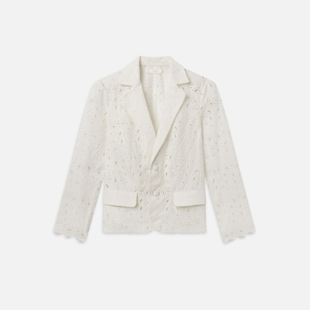 FRAME Women's The Paisley Eyelet Classic Blazer White Cotton Size 6