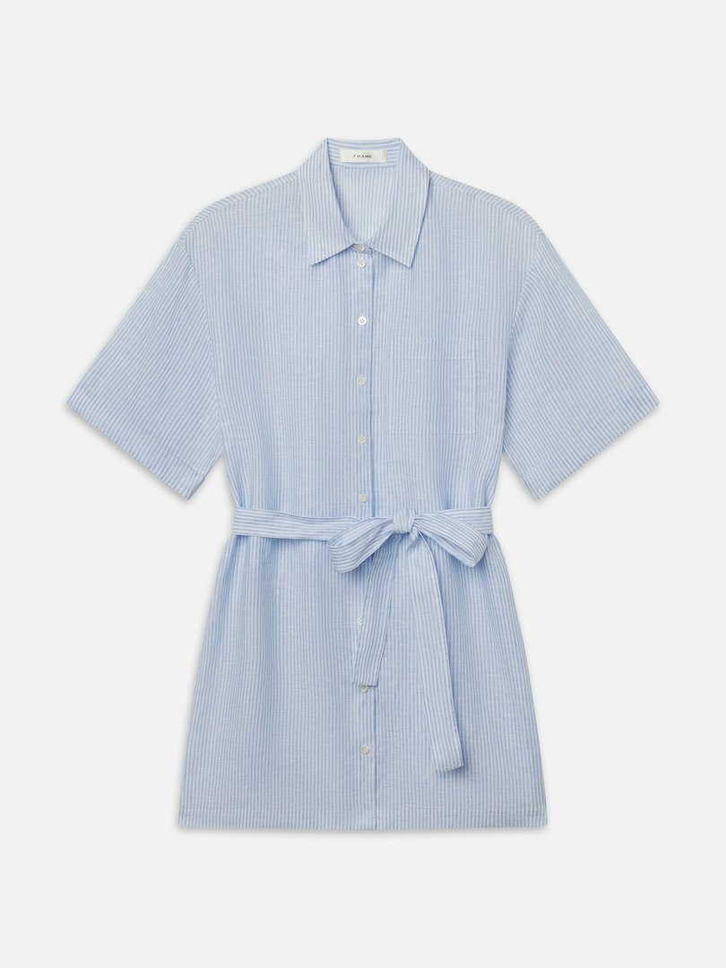 FRAME Women's The Linen Belted Dress Chambray Blue Multi Size XS