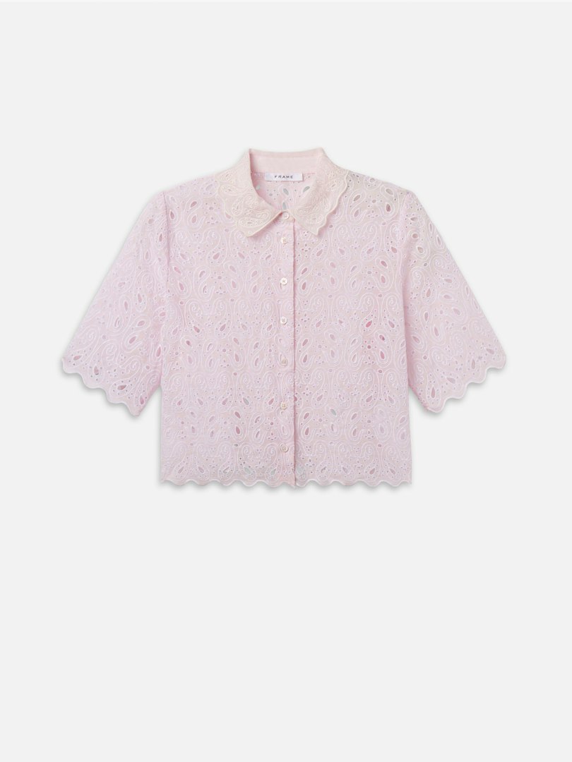 FRAME Women's The Paisley Eyelet Shirt Bubble Gum Size Medium