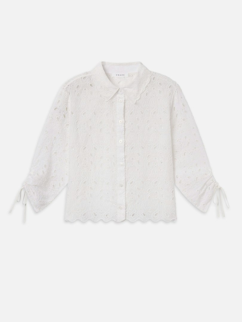FRAME Women's The Paisley Eyelet Cinch Sleeve Shirt White Size Large