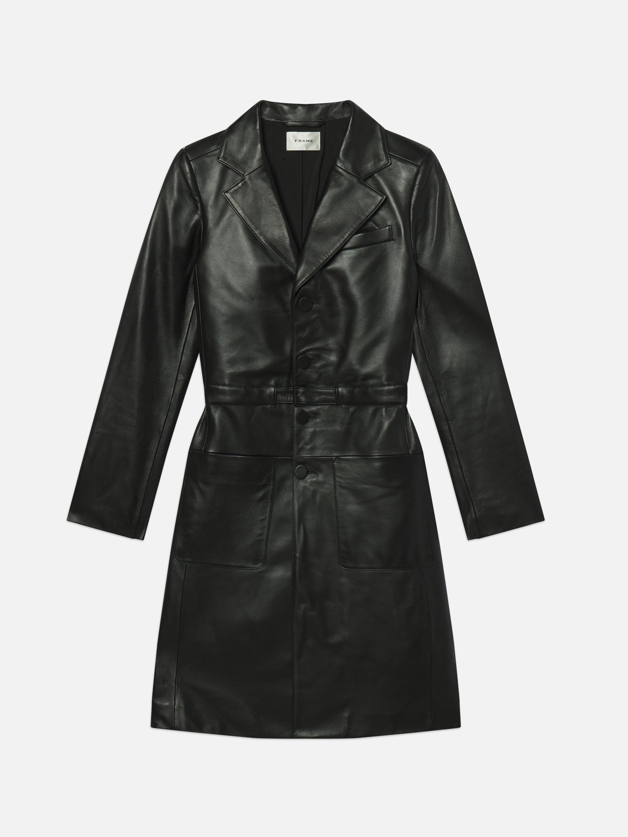 Frame The Long Leather Belted Jacket In Black