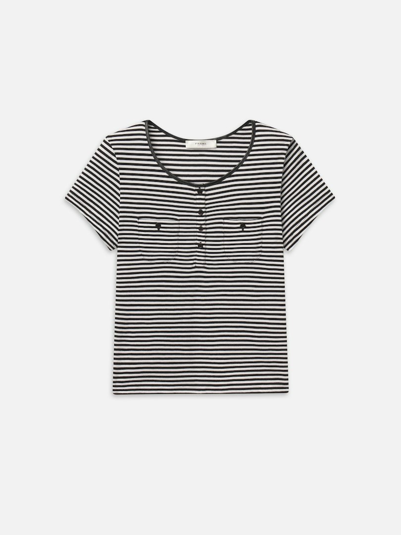 FRAME Women's The Trim Crew Cream Stripe Cotton Size Medium