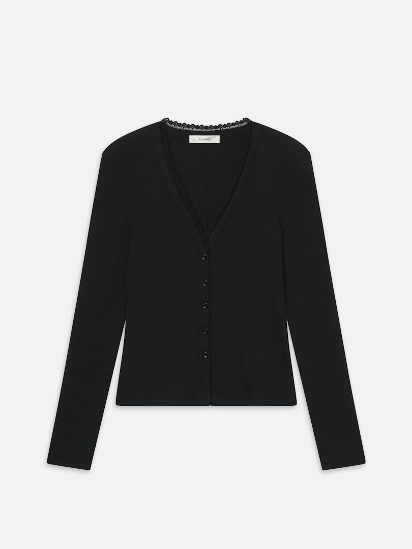 FRAME Women's The Rib Trim Cardi Top Black Size Medium