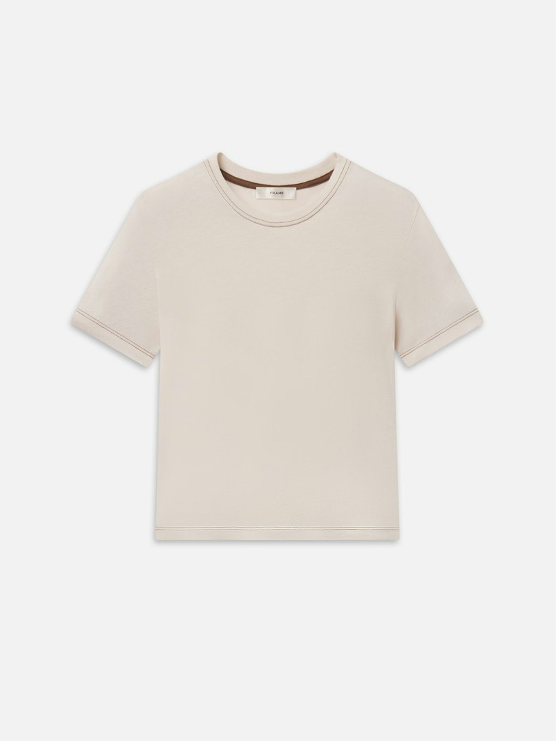 FRAME Women's The Contrast Stitch Baby T-Shirt Bone Cotton Size Large