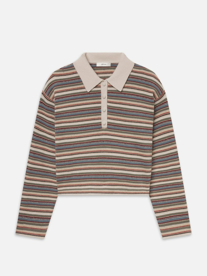 FRAME Women's The Quad Polo Sky Blue Multi Stripe Wool Size Medium