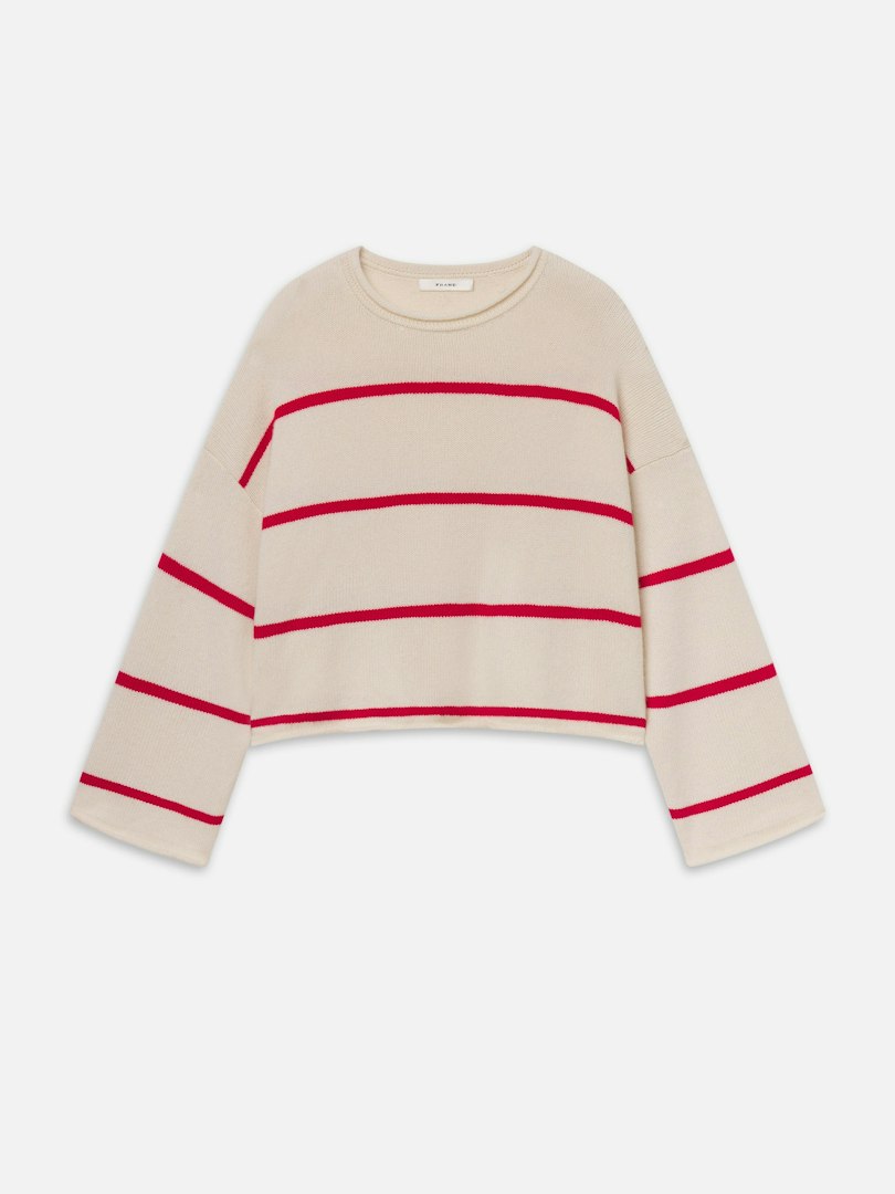 FRAME Women's The Rolled Hem Sweater Cream Stripe Cashmere Size Small