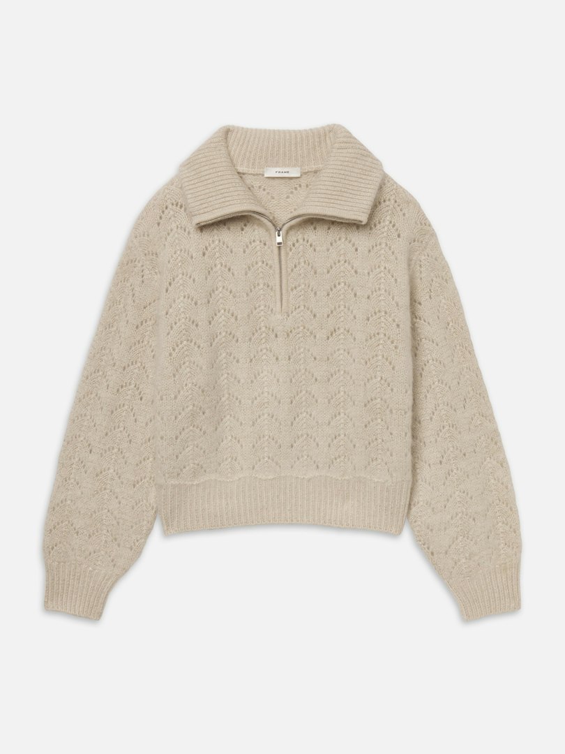 FRAME Women's The Airy Lurex Quarter Zip Biscuit Wool Size Large