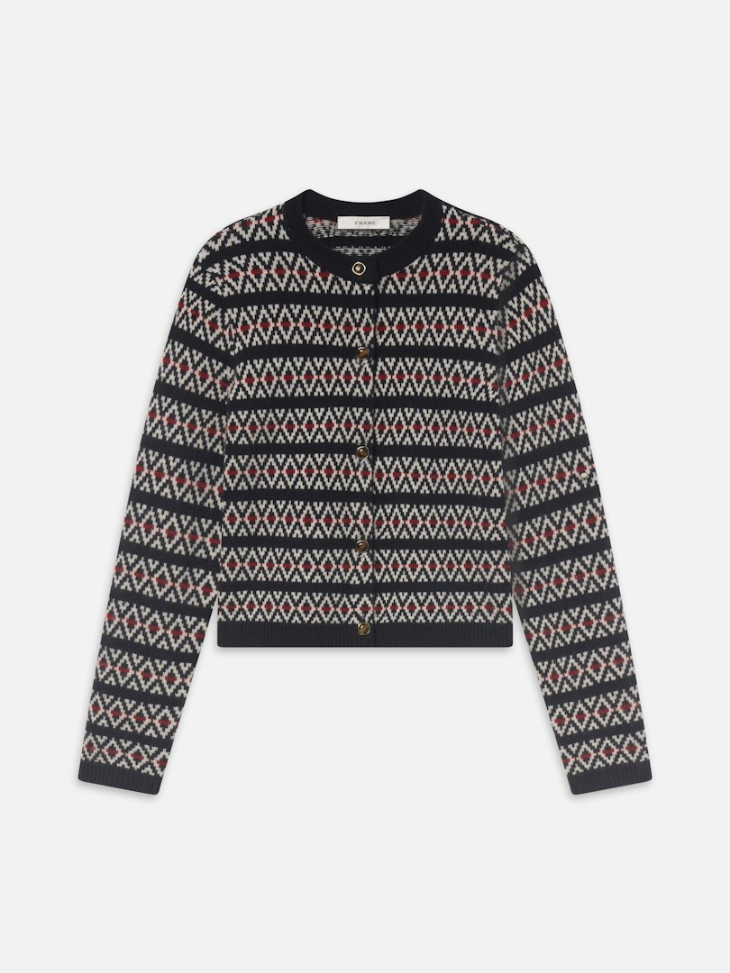 FRAME Women's The Cashmere Cardi Navy Fairisle Wool Size Large