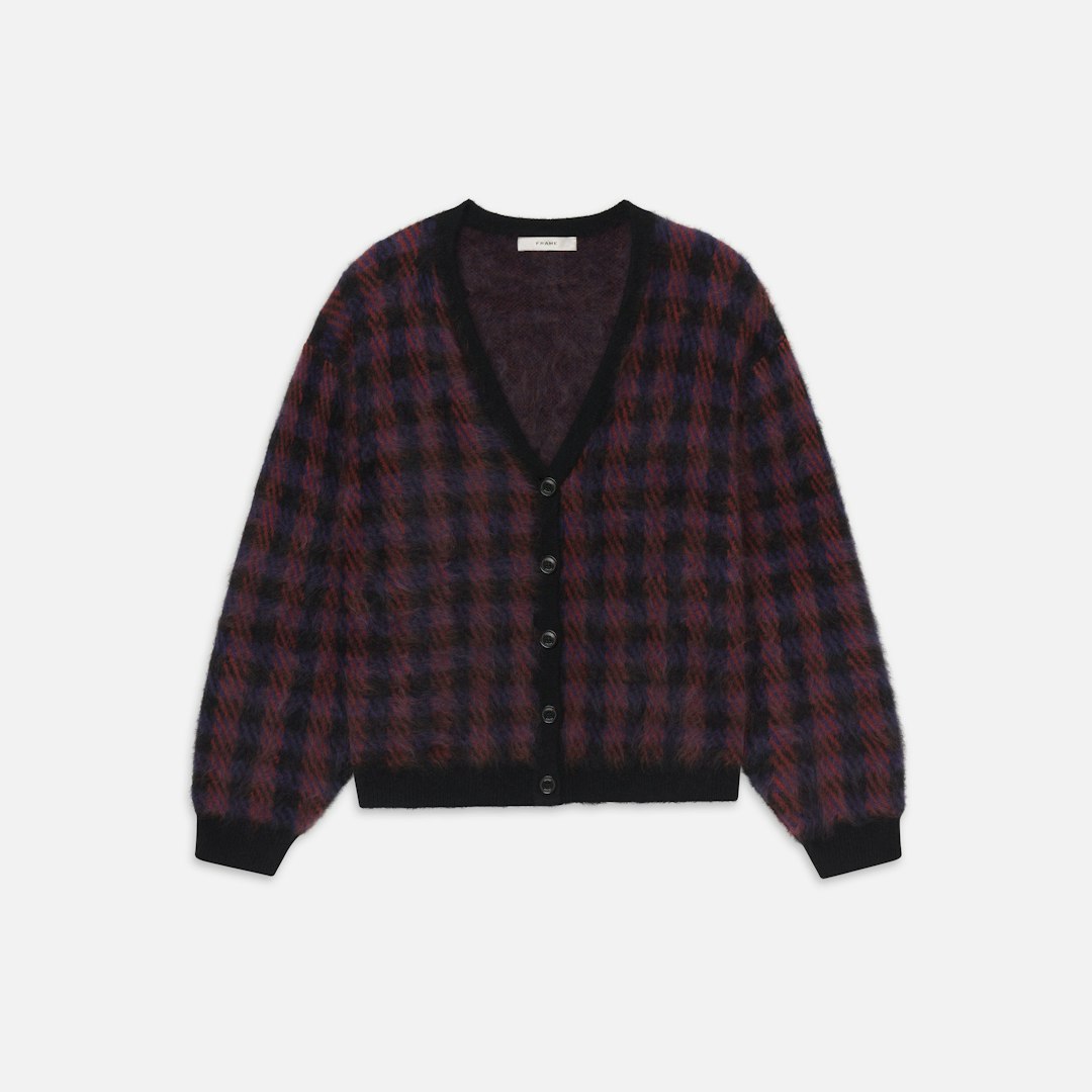 FRAME Women's The Brushed Houndstooth Cardi Chestnut Multi Plaid Wool Size Small