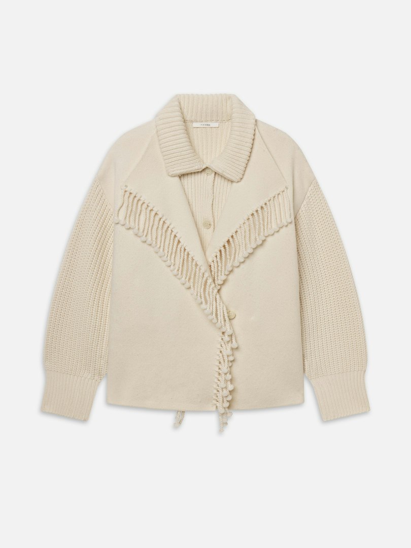 FRAME Women's The Cropped Jacquard Fringe Coat Ecru Cotton Size Medium