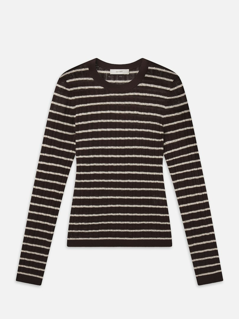 FRAME Women's The Pointelle Stripe Crewneck Chestnut Multi Stripe Size Small