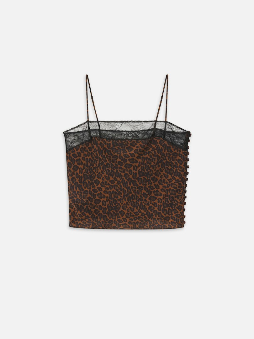 FRAME Women's The Lace Inset Cami Dark Leopard Multi Silk Size Medium