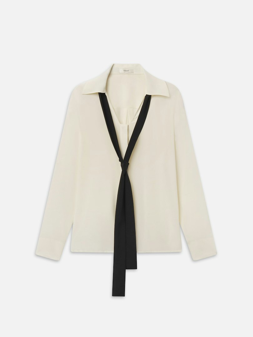 FRAME Women's The Contrast Tie Shirt Cream Silk Size Medium