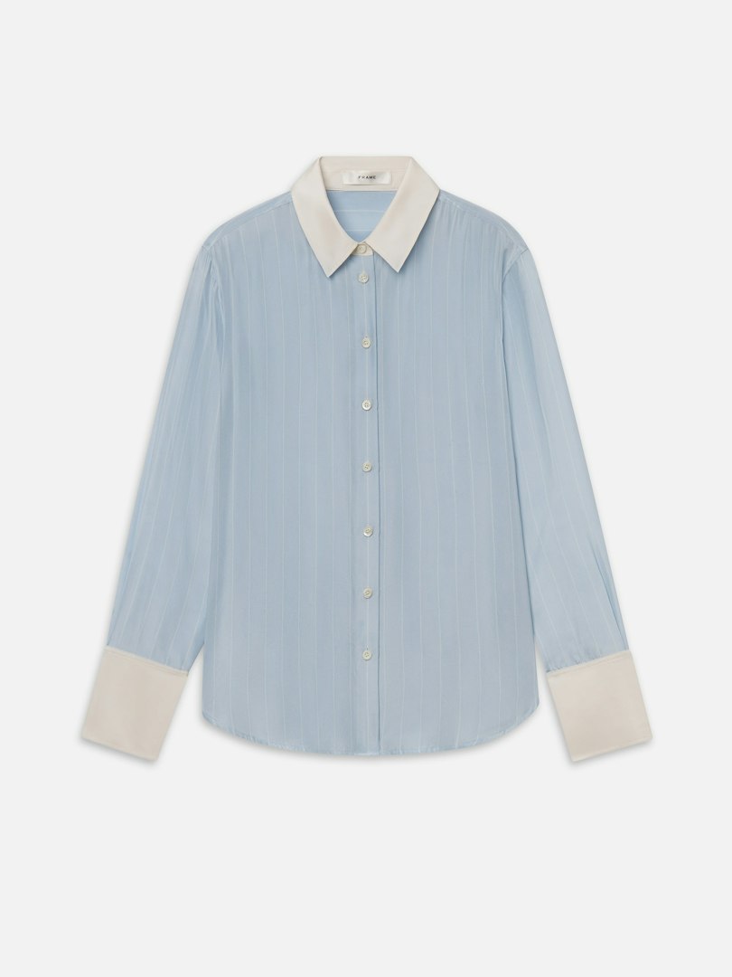 FRAME Women's The Silk Standard Shirt Sky Blue Stripe Size XS