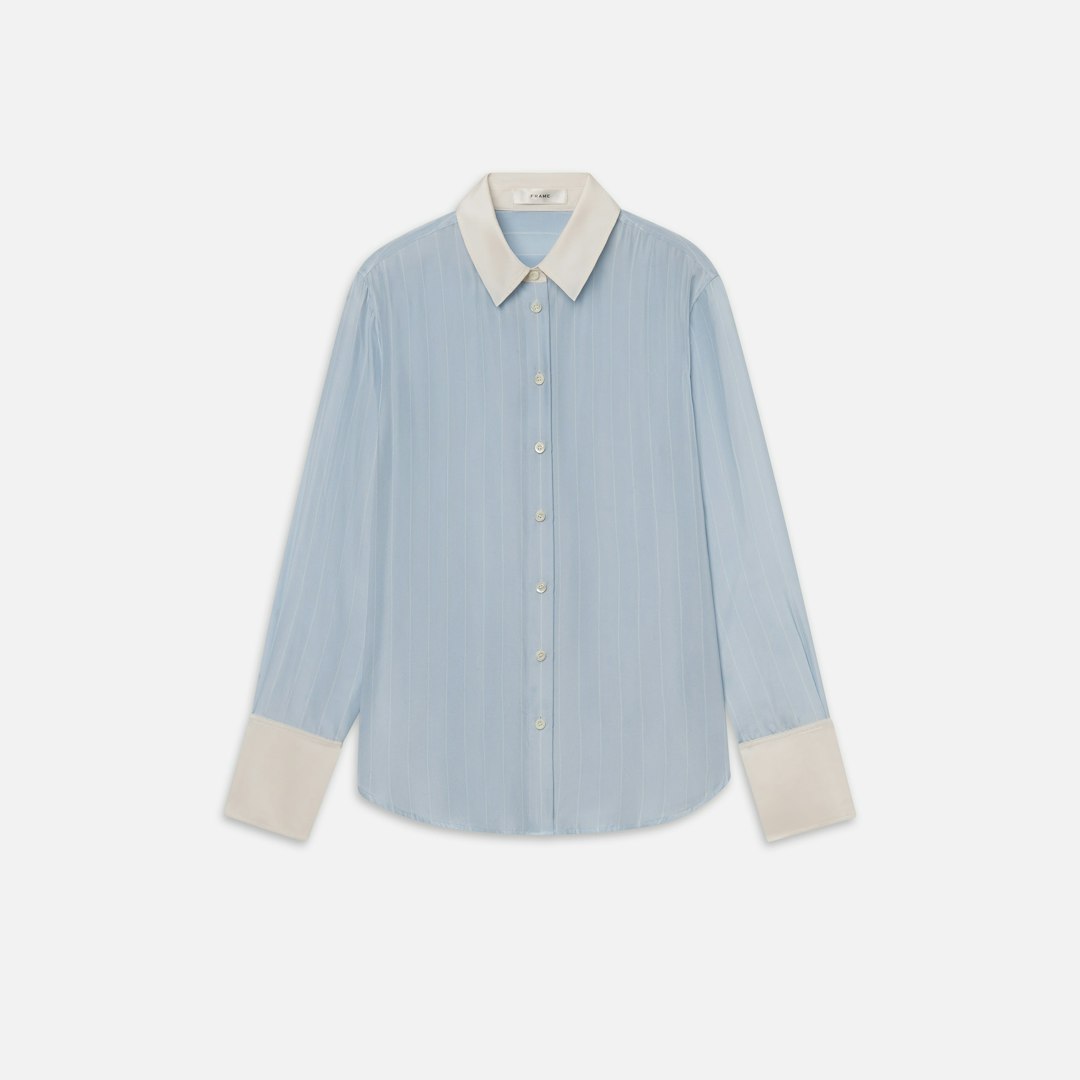 FRAME Women's The Silk Standard Shirt Sky Blue Stripe Size XS
