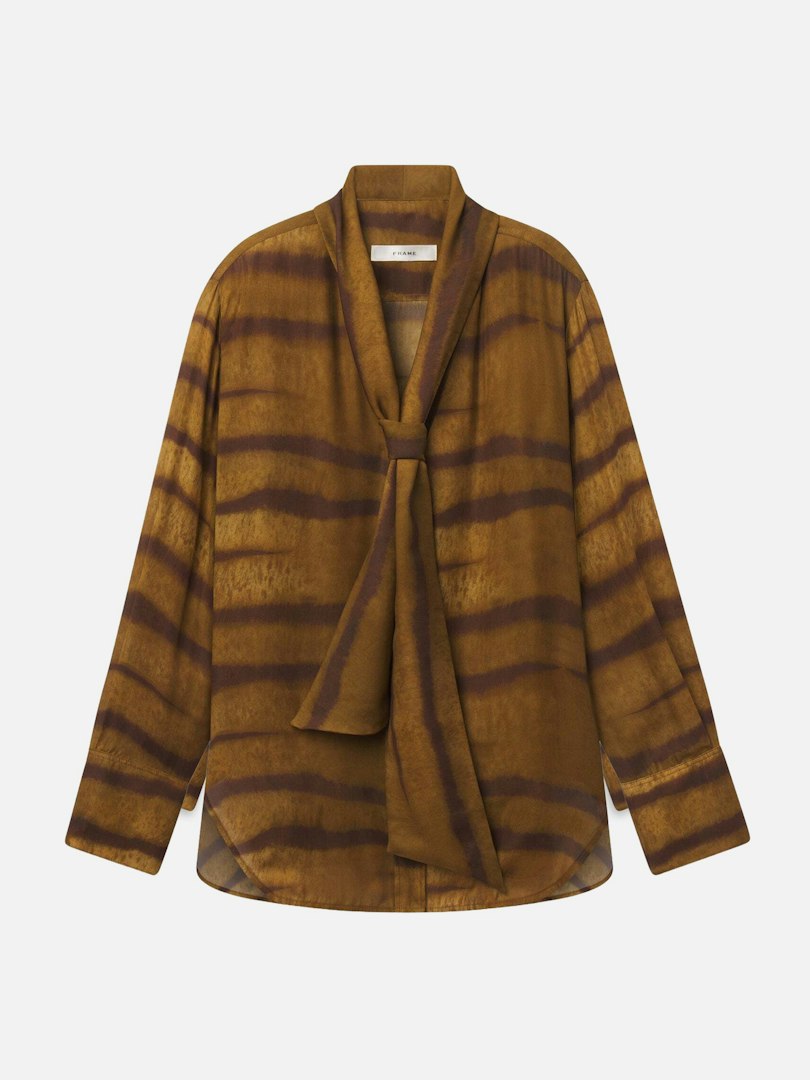FRAME Women's The Silk Oversized Tie Shirt Light Tiger Multi Size Small