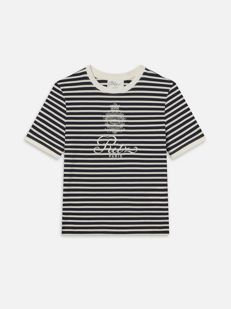 FRAME Women's Ritz Striped Baby T-Shirt Navy Multi Cotton Size Medium