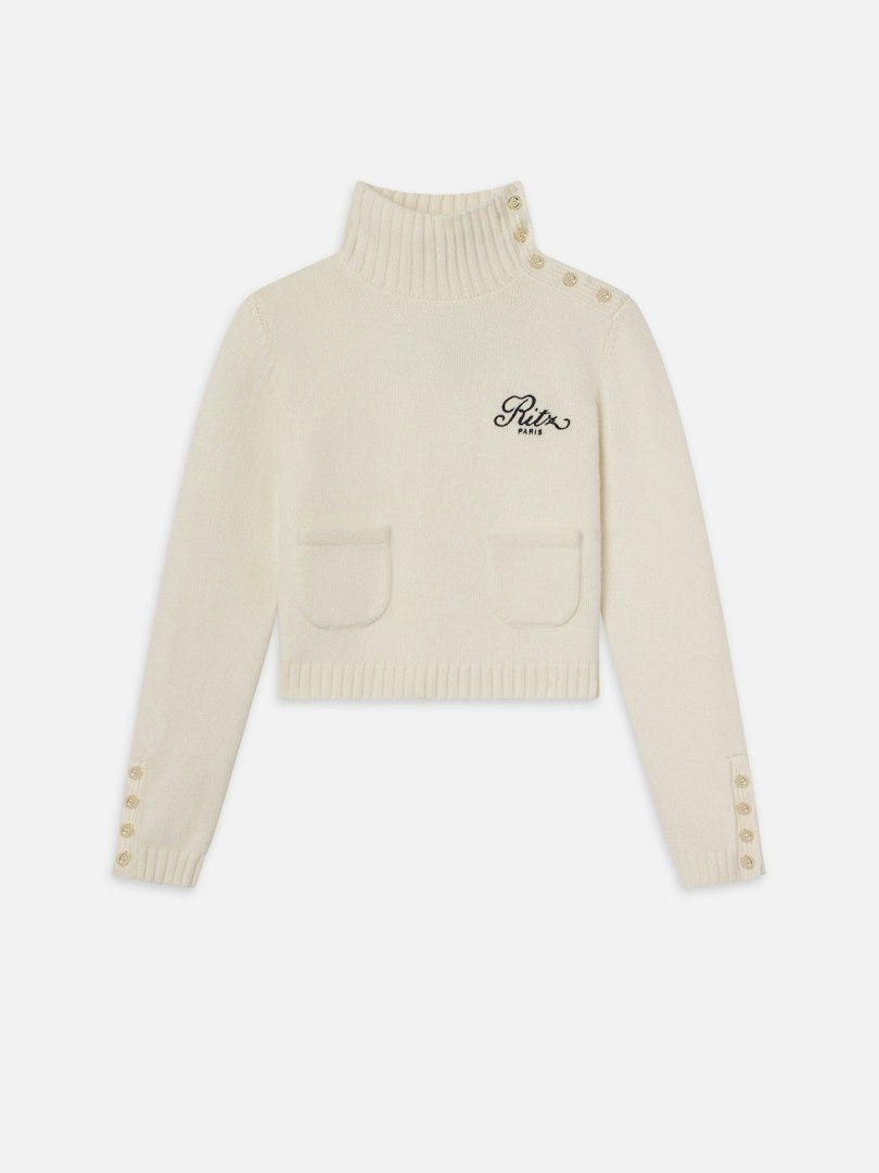 FRAME Women's Ritz Button Detail Sweater Cream Cashmere Size XL