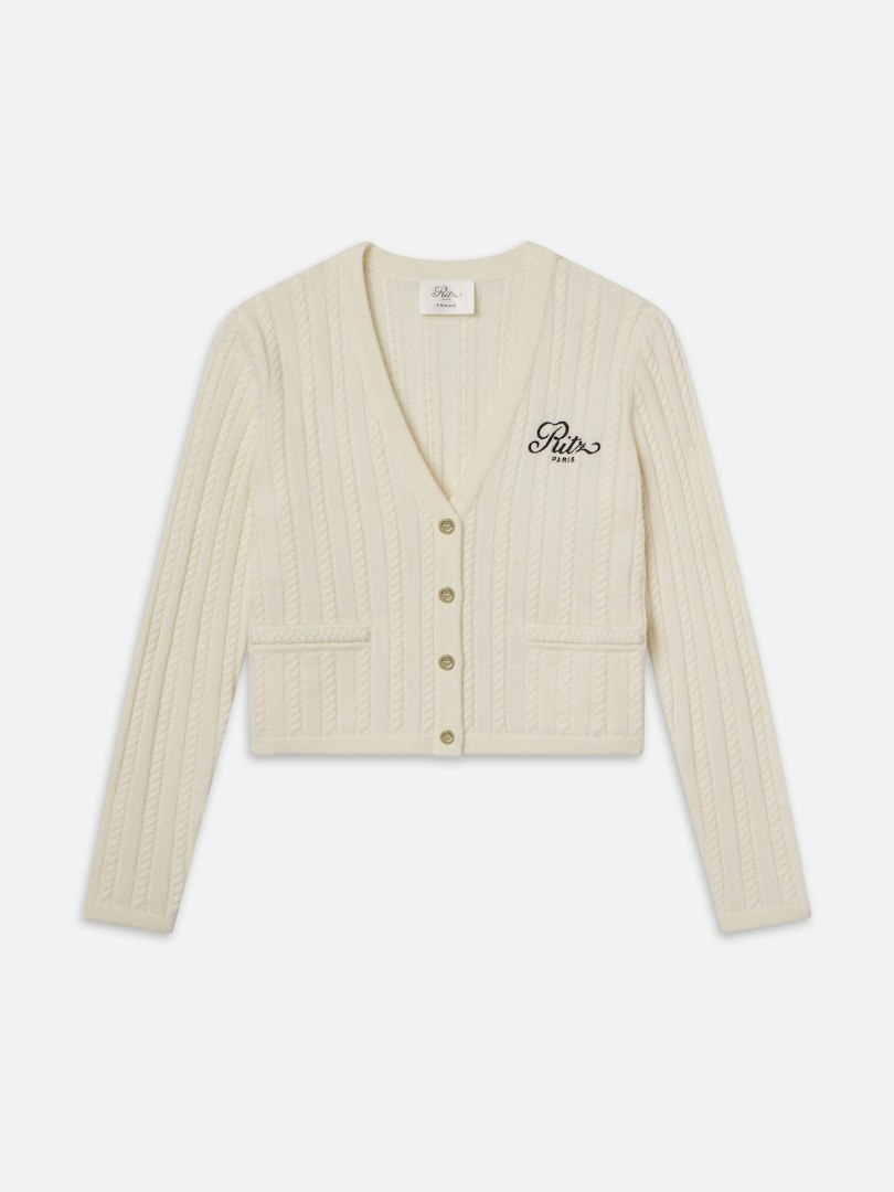 FRAME Women's Ritz Cable Cardigan Sweater Cream Cotton Size XL