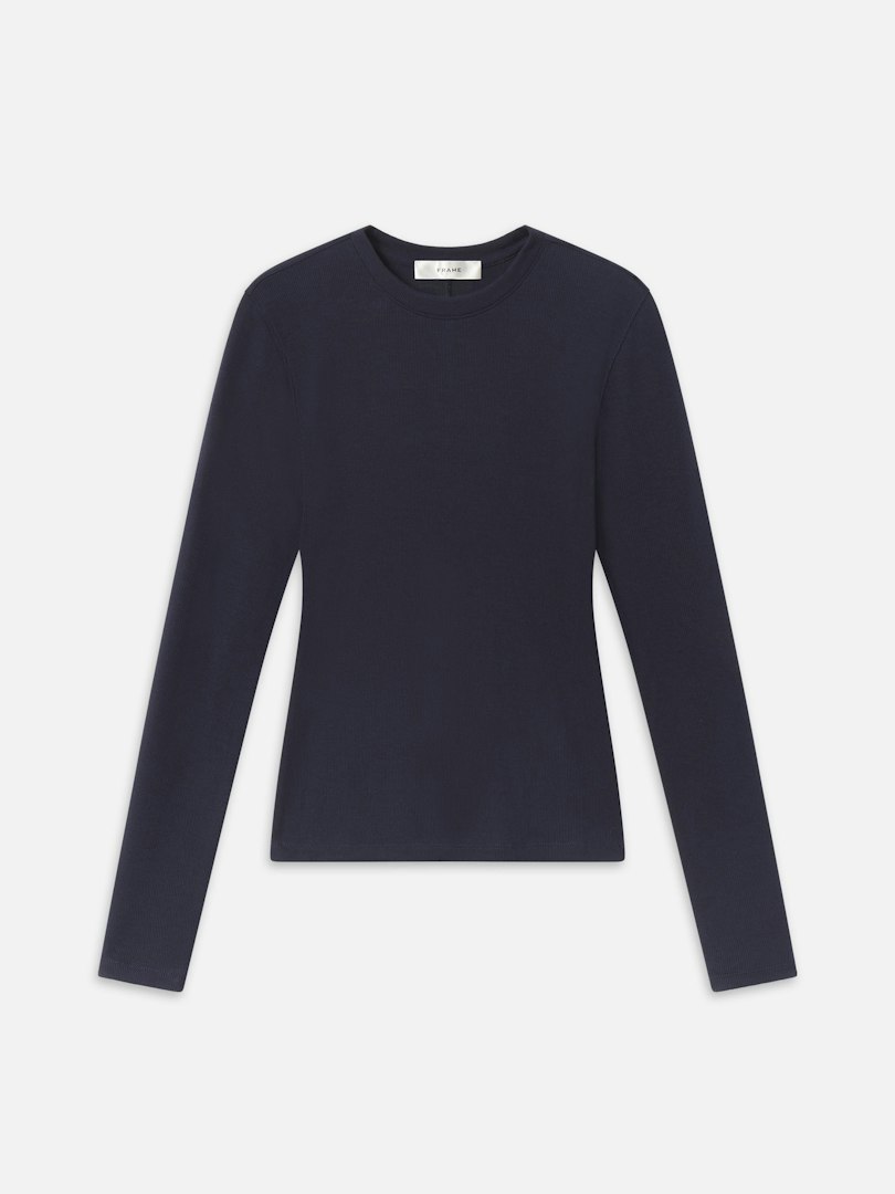 FRAME Women's The Long Sleeve Rib Crew Top Navy Size XL