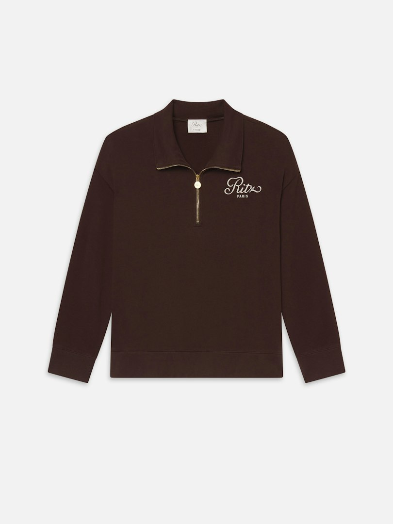 FRAME Women's Ritz Half Zip Polo Chocolate Brown Cotton Size Large