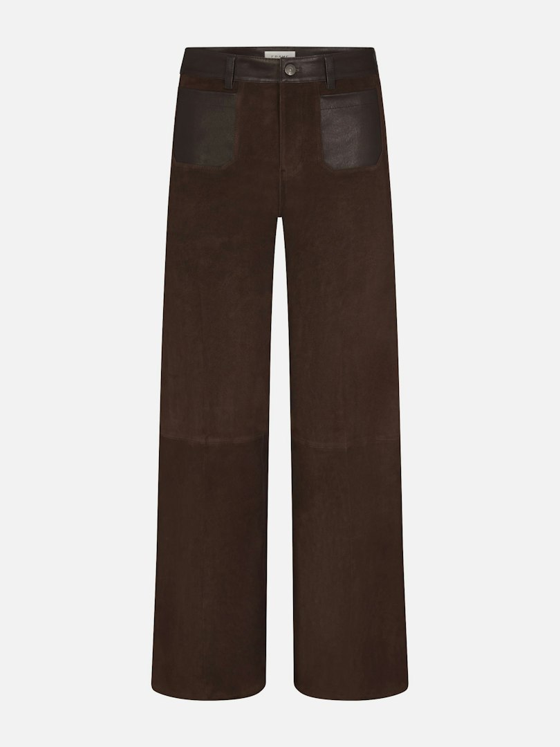 FRAME Women's The Suede And Leather Slim Palazzo Modernist Pocket Pants Dark Brown Size 24