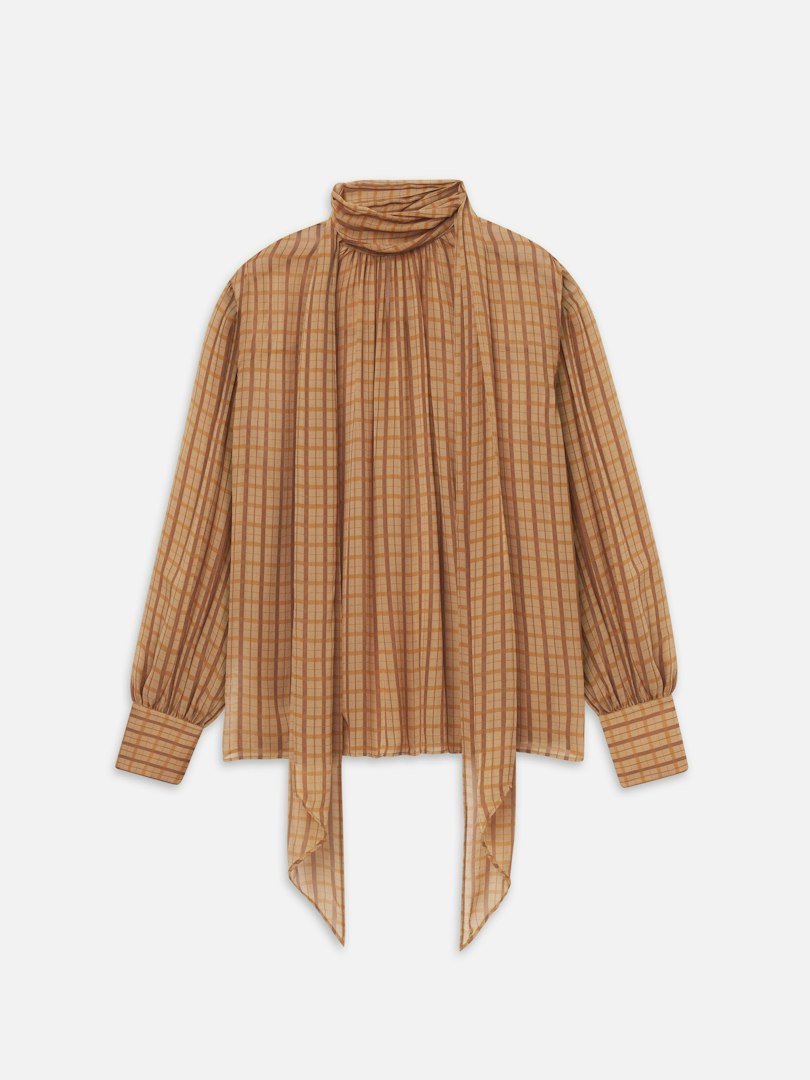 FRAME Women's The Lantern Blouse Top Taupe Multi Plaid Silk Size Medium