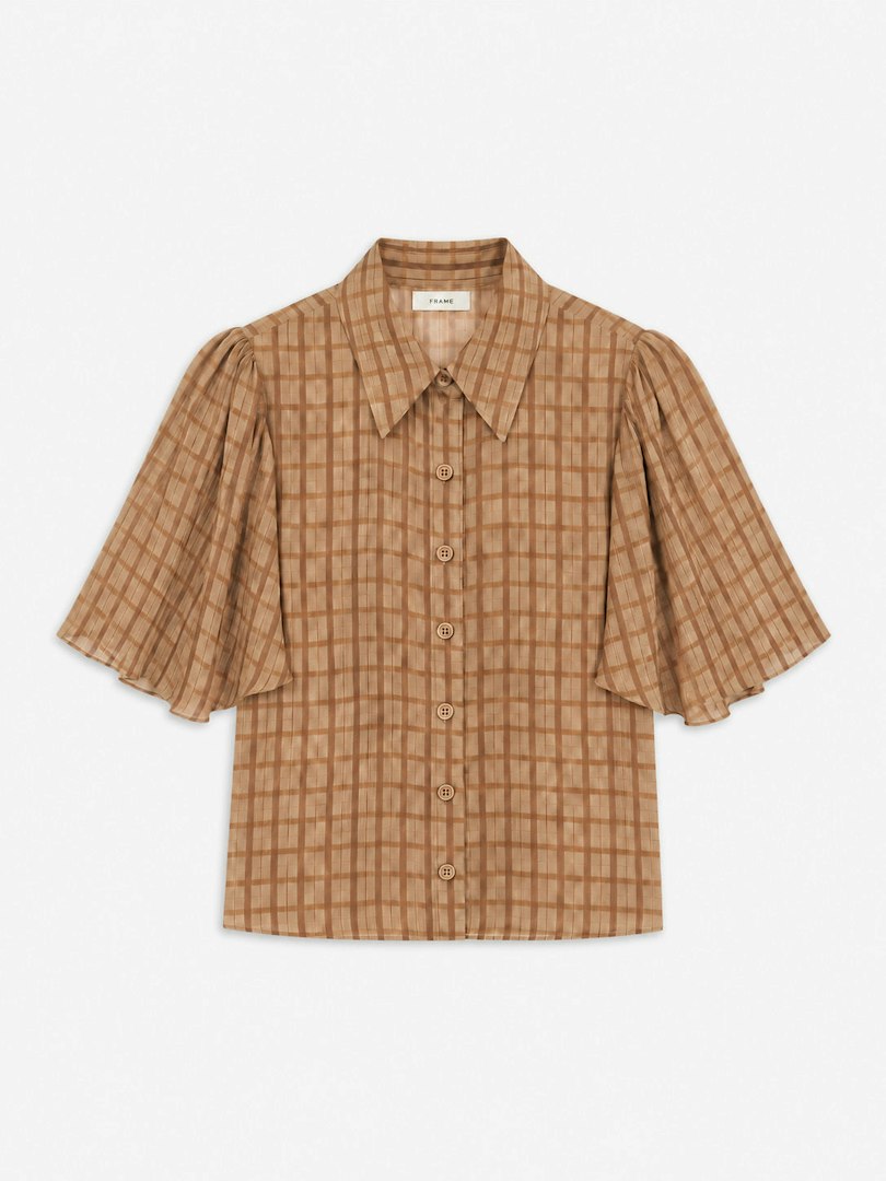 FRAME Women's The Flutter Shirt Taupe Multi Plaid Silk Size Medium