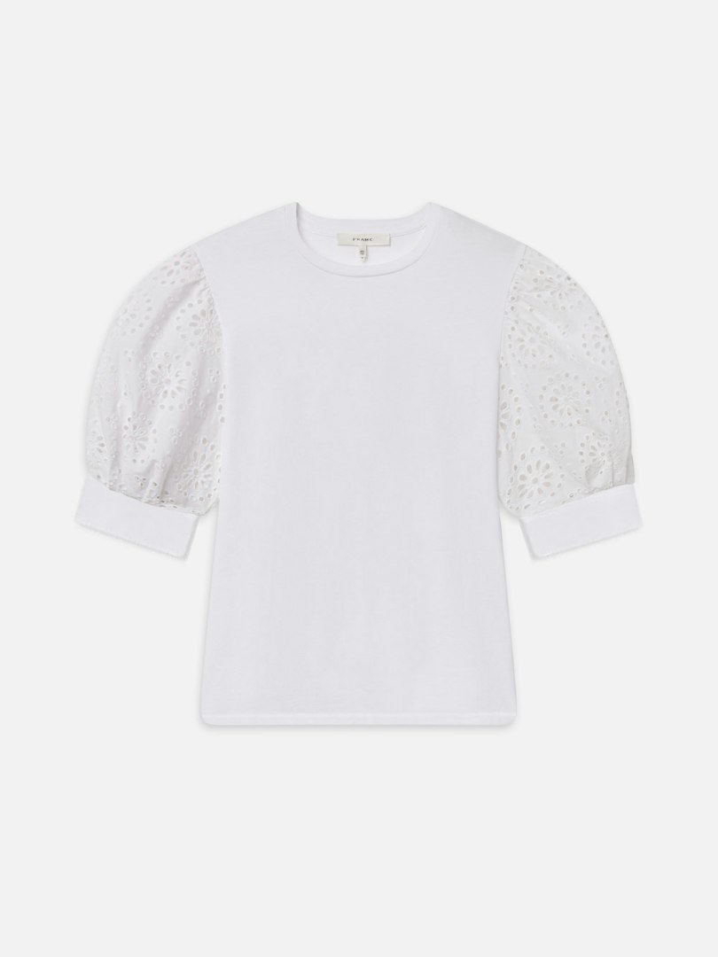 FRAME Women's The Solstice Eyelet T-Shirt White Denim Size Medium
