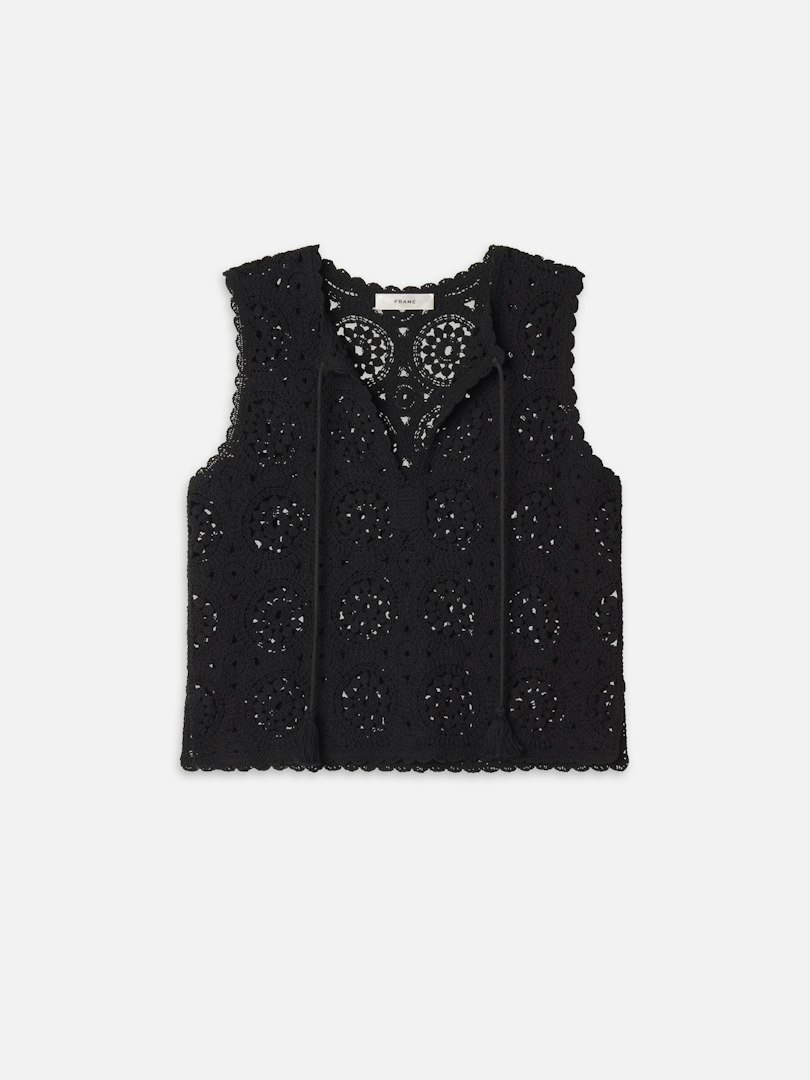 FRAME Women's The Crochet Tassel Popover Top Black Size Large