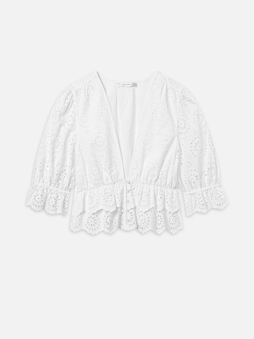FRAME Women's The Solstice Eyelet Blouse Top White Denim Size Large