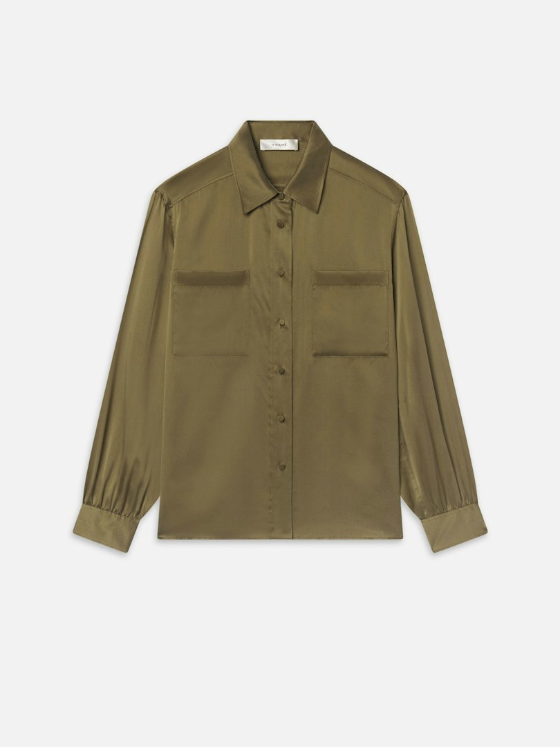 FRAME Women's The Modern Utility Shirt Military Green Silk Size Medium