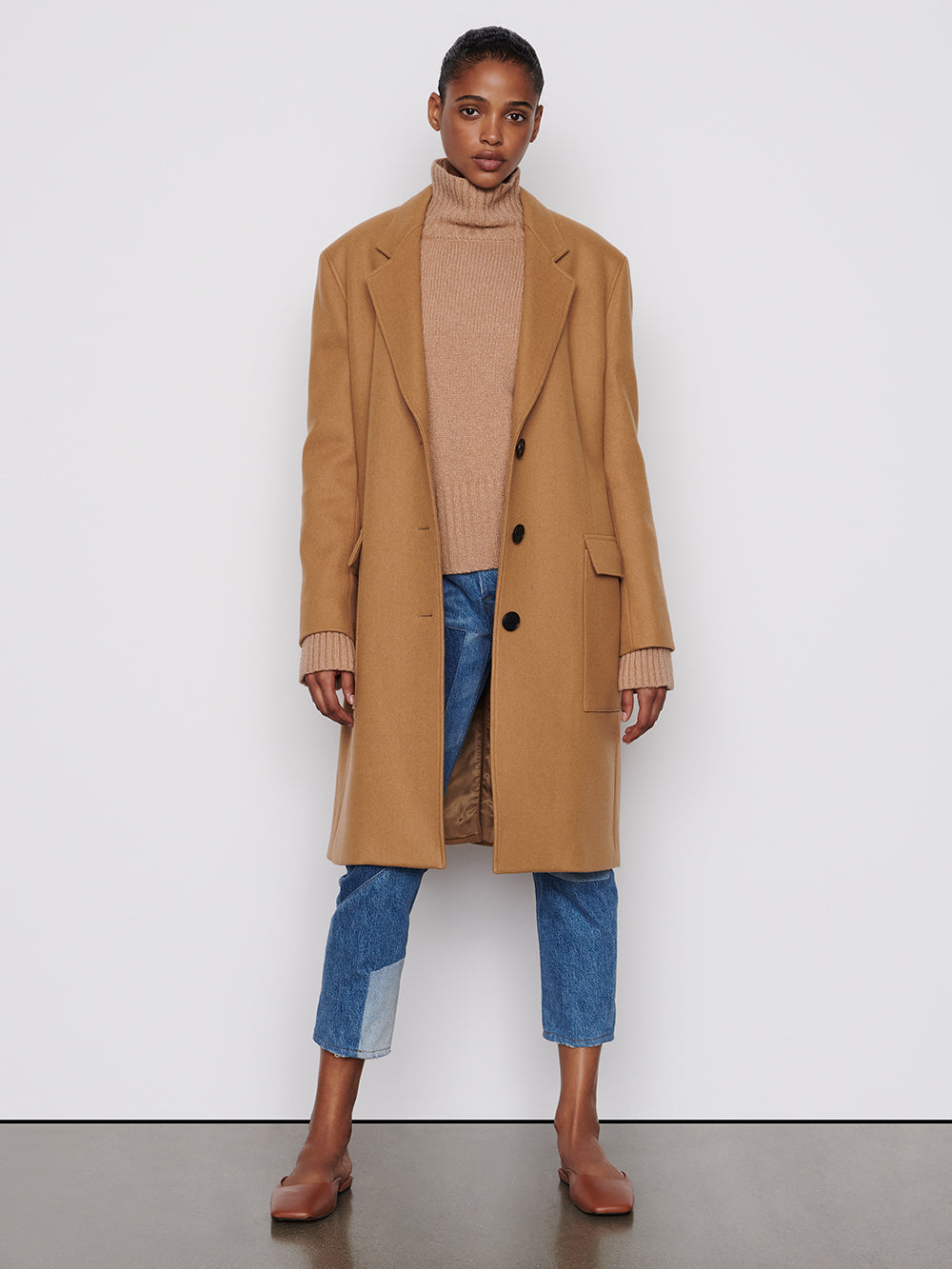 overcoat in camel